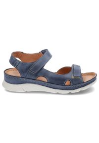 Niebieskie Sandały Kampa Wygodne Skórzane Buty Na Lato. Zapięcie: rzepy. Kolor: niebieski. Materiał: skóra. Wzór: aplikacja. Sezon: lato. Obcas: na obcasie. Styl: klasyczny, sportowy. Wysokość obcasa: średni #5