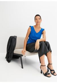 bonprix - Top z czystej bawełny organicznej. Typ kołnierza: kołnierz z falbankami. Kolor: niebieski. Materiał: bawełna #2