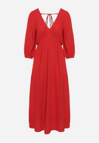 Born2be - Czerwona Rozkloszowana Bawełniana Sukienka Boho z Wiązaniem i Gumką w Talii Lawla. Okazja: na co dzień. Typ kołnierza: dekolt w kształcie V. Kolor: czerwony. Materiał: bawełna. Typ sukienki: rozkloszowane. Styl: boho #4