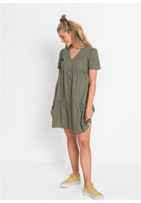 bonprix - Sukienka koszulowa z plisą guzikową. Kolor: zielony. Typ sukienki: koszulowe