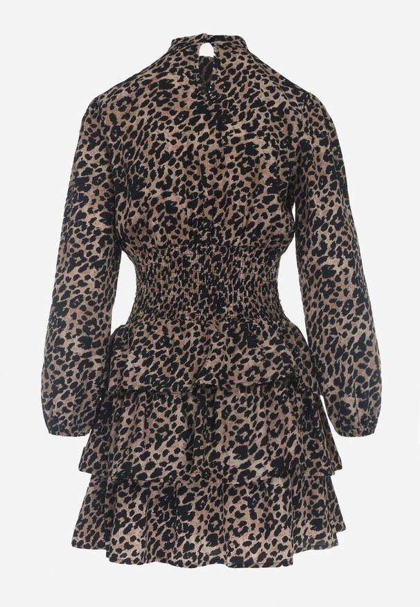 Renee - Brązowa Mini Sukienka o Rozkloszowanym Fasonie w Cętki z Falbankami Gerttera. Okazja: na co dzień. Typ kołnierza: kołnierz z falbankami. Kolor: brązowy. Długość rękawa: na ramiączkach. Styl: casual, klasyczny. Długość: mini