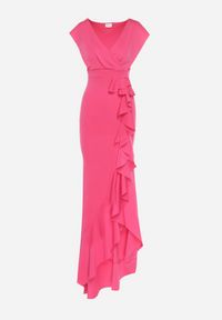 Born2be - Fuksjowa Asymetryczna Sukienka z Dekoltem V i Ozdobną Falbaną Efiola. Okazja: na co dzień. Typ kołnierza: dekolt w kształcie V. Kolor: różowy. Typ sukienki: asymetryczne. Styl: casual, elegancki #4