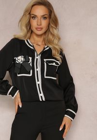 Renee - Czarna Koszula z Kontrastowymi Lamówkami i Broszką z Kokardą Deromina. Typ kołnierza: kokarda. Kolor: czarny #3