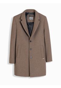 Ombre Clothing - Elegancki jednorzędowy męski płaszcz z wełną – brązowy V1 - Rozmiar: M. Kolor: brązowy. Materiał: wełna. Wzór: ze splotem, paski. Sezon: zima. Styl: elegancki