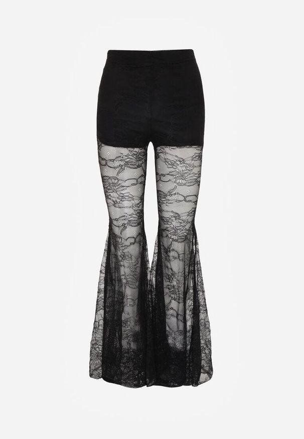 Renee - Czarne Spodnie High Waist o Kroju Dzwonów z Koronki Ferella. Okazja: na randkę. Stan: podwyższony. Kolor: czarny. Materiał: koronka. Wzór: koronka. Styl: elegancki, klasyczny