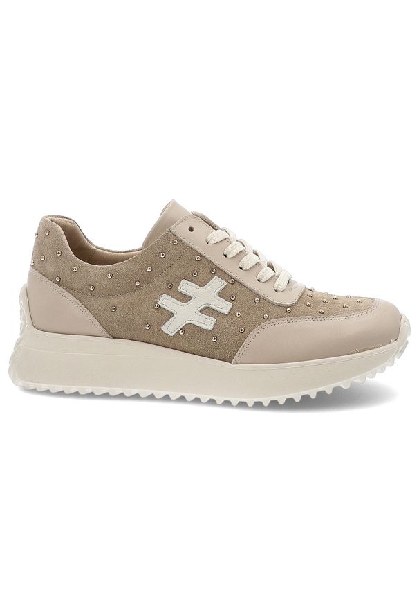 Beżowe Sneakersy Karino Stylowe Obuwie Damskie Ze Skóry Naturalnej. Okazja: na co dzień. Zapięcie: sznurówki. Kolor: beżowy. Materiał: skóra. Styl: elegancki