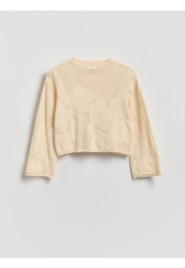 Reserved - Bawełniany sweter - kremowy. Kolor: kremowy. Materiał: bawełna. Długość: krótkie