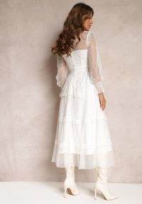 Renee - Biała Koronkowa Sukienka Rozkloszowana z Falbanką Faberlla. Kolor: biały. Materiał: koronka. Długość rękawa: długi rękaw. Wzór: koronka #3