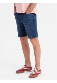 Ombre Clothing - Męskie szorty z gumką w pasie i efektem sprania – niebieskie V2 - Rozmiar: L. Okazja: na co dzień. Kolor: niebieski. Materiał: skóra, denim, materiał, bawełna, elastan. Sezon: lato. Styl: casual, elegancki
