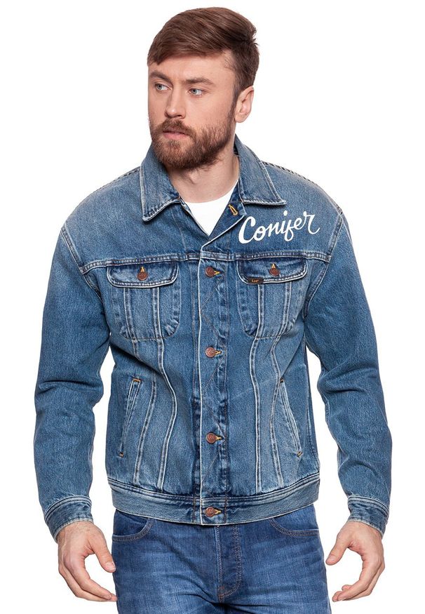 Lee - KURTKA JEANSOWA LEE OVERSIZED RIDER DUSK VINTAGE L88Z44ATA. Materiał: jeans. Wzór: nadruk. Styl: vintage