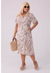 Moda Size Plus Iwanek - Letnia sukienka Nel w stylu safari PLUS SIZE XXL LATO. Okazja: na plażę, na spacer. Kolekcja: plus size. Materiał: len, tkanina, elastan, poliester. Wzór: aplikacja. Sezon: lato. Typ sukienki: dla puszystych. Styl: elegancki