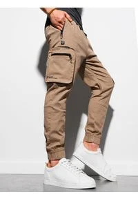 Ombre Clothing - Spodnie męskie joggery z kieszeniami na zamek - brązowe V4 P960 - XXL. Kolor: brązowy. Materiał: bawełna, materiał