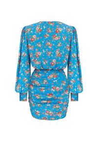 SELF LOVE - Niebieska sukienka Barrafranca. Kolor: niebieski. Materiał: materiał, wiskoza. Wzór: kwiaty, nadruk. Typ sukienki: kopertowe. Styl: elegancki. Długość: mini #3