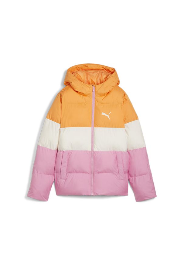 Puma - Młodzieżowa ocieplana kurtka z kapturem z poliestru PUMA Mauved Out Pink. Typ kołnierza: kaptur. Kolor: różowy. Materiał: poliester. Styl: młodzieżowy