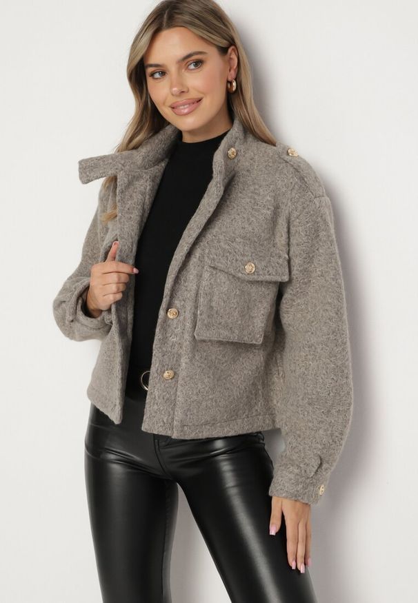 Born2be - Brązowa Kurtka w Stylu Utility z Szerokimi Kieszeniami Nirithra. Okazja: do pracy. Kolor: brązowy. Materiał: jeans. Styl: elegancki