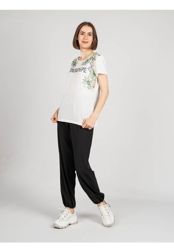 Patrizia Pepe T-Shirt | DM3926/A4V5 | Maglia | Kobieta | Biały. Okazja: na co dzień. Kolor: biały. Materiał: bawełna. Długość rękawa: krótki rękaw. Długość: krótkie. Wzór: nadruk, aplikacja, kwiaty. Styl: casual