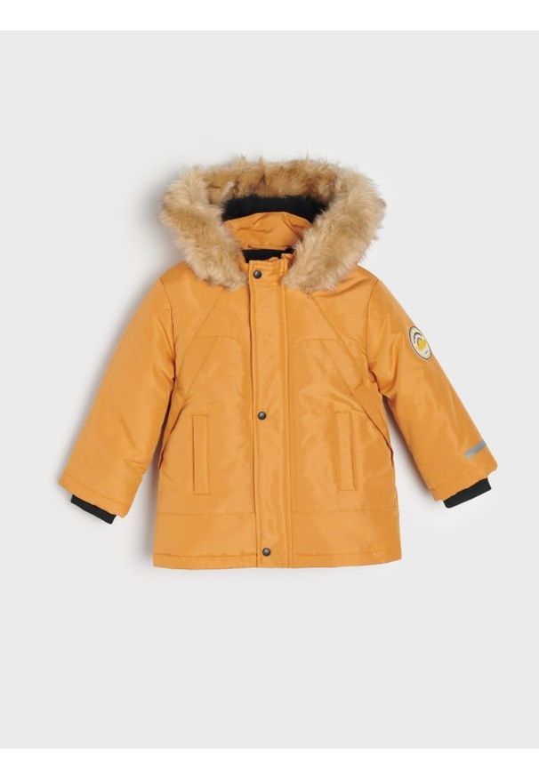 Sinsay - Ciepła kurtka z kapturem - żółty. Typ kołnierza: kaptur. Kolor: żółty. Materiał: polar, futro