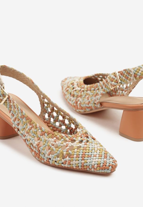 Renee - Pomarańczowe Sandały na Słupku Slingback Ozdobione Plecioną Cholewką Linaiana. Okazja: na spotkanie biznesowe, na imprezę. Zapięcie: sprzączka. Kolor: pomarańczowy. Wzór: aplikacja. Sezon: lato. Obcas: na słupku. Styl: elegancki, biznesowy, klasyczny