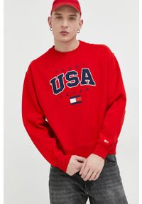 Tommy Jeans bluza męska kolor czerwony z aplikacją. Kolor: czerwony. Materiał: bawełna, poliester. Wzór: aplikacja