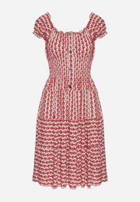 Born2be - Czerwona Sukienka z Bawełny Ozdobiona Guzikami i Bufiastymi Rękawami Ronaria. Okazja: na co dzień. Kolor: czerwony. Materiał: bawełna. Wzór: aplikacja. Sezon: wiosna, lato. Typ sukienki: sportowe. Styl: klasyczny, casual, sportowy #7