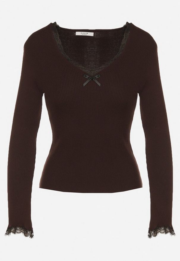 Born2be - Brązowy Sweter z Wiskozą Ozdobiony Koronką i Kokardką Tusirea. Okazja: na co dzień. Typ kołnierza: kokarda. Kolor: brązowy. Materiał: wiskoza, koronka. Wzór: aplikacja, koronka. Styl: casual, elegancki, klasyczny