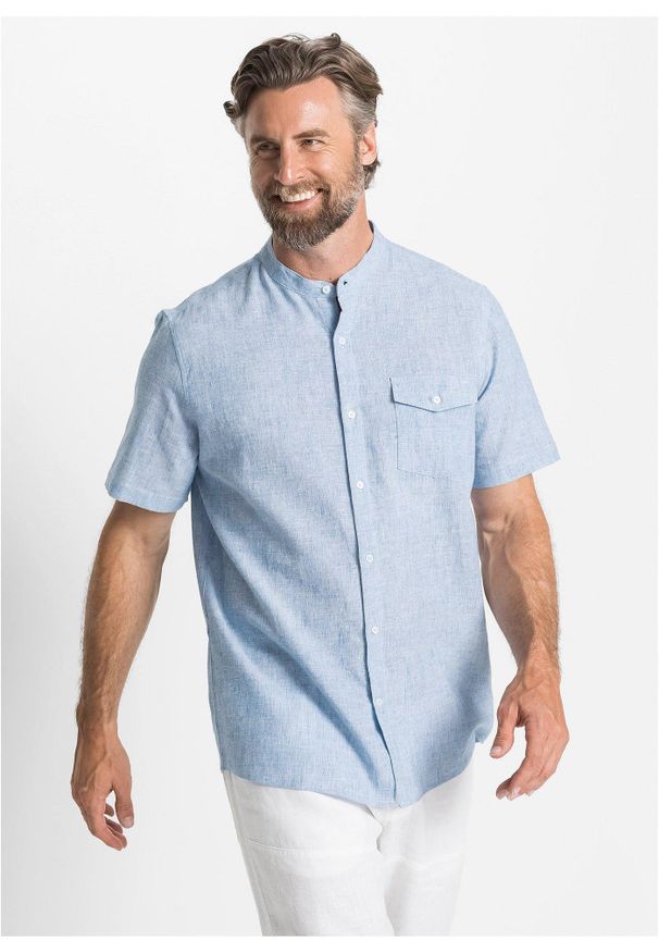 bonprix - Koszula z lnem, krótki rękaw. Typ kołnierza: kołnierzyk stójkowy. Kolor: niebieski. Materiał: len. Długość rękawa: krótki rękaw. Długość: krótkie