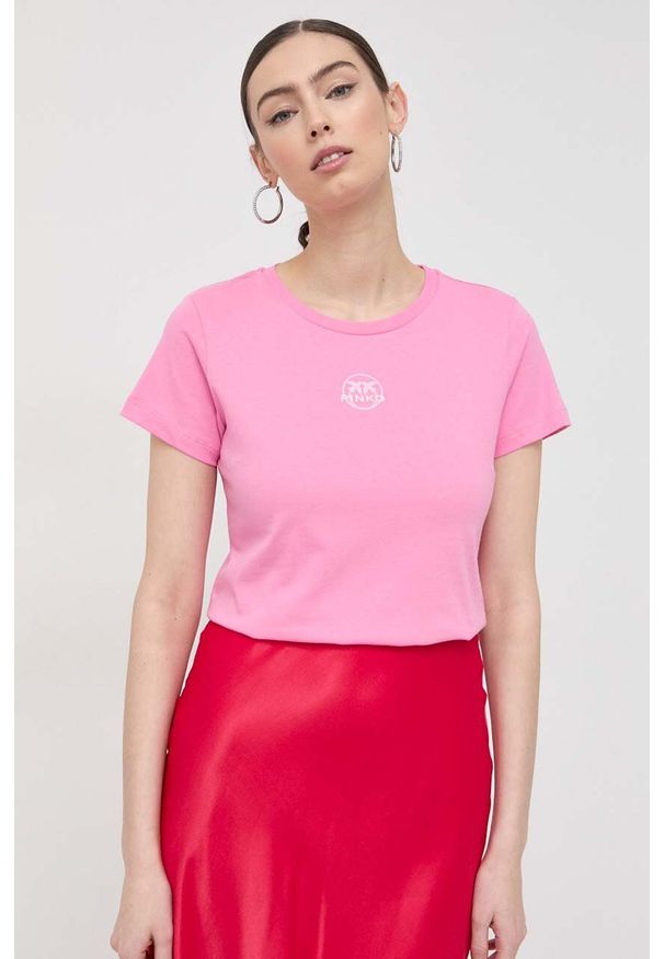 Pinko t-shirt bawełniany kolor różowy. Kolor: różowy. Materiał: bawełna. Wzór: nadruk