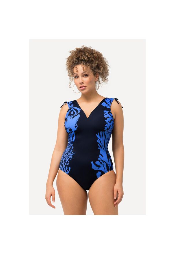 ULLA POPKEN - Damski Kostium kąpielowy wzór w korale klamra miękkie miseczki z recyklingu. Kolekcja: plus size. Kolor: niebieski. Materiał: elastan, poliamid, materiał