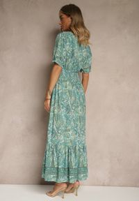 Renee - Zielona Rozkloszowana Sukienka z Bawełny Zdobiona Wzorem Paisley Folitea. Typ kołnierza: dekolt w serek. Kolor: zielony. Materiał: bawełna. Wzór: aplikacja, paisley. Sezon: wiosna #5