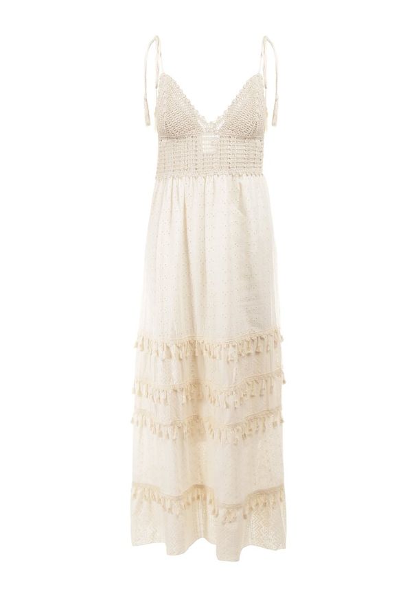 Born2be - Jasnobeżowa Sukienka Dorassa. Kolor: beżowy. Materiał: bawełna, tkanina, koronka. Długość rękawa: na ramiączkach. Wzór: haft, koronka. Styl: boho