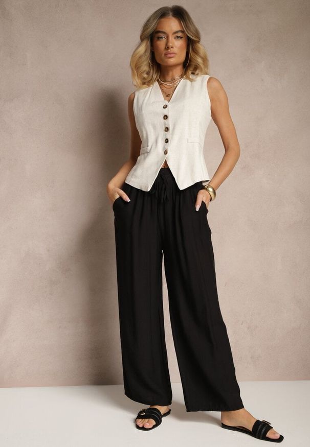 Renee - Czarne Spodnie Typu Palazzo o Szerokim Kroju High Waist Ozdobione Wiązaniem Yaslevia. Okazja: na co dzień. Stan: podwyższony. Kolor: czarny. Wzór: aplikacja. Styl: casual, elegancki