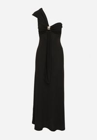 Born2be - Czarna Koktajlowa Taliowana Sukienka na Jedno Ramię z Metaliczną Ozdobą Divalline. Okazja: na imprezę. Kolor: czarny. Wzór: aplikacja. Typ sukienki: asymetryczne. Styl: wizytowy #4