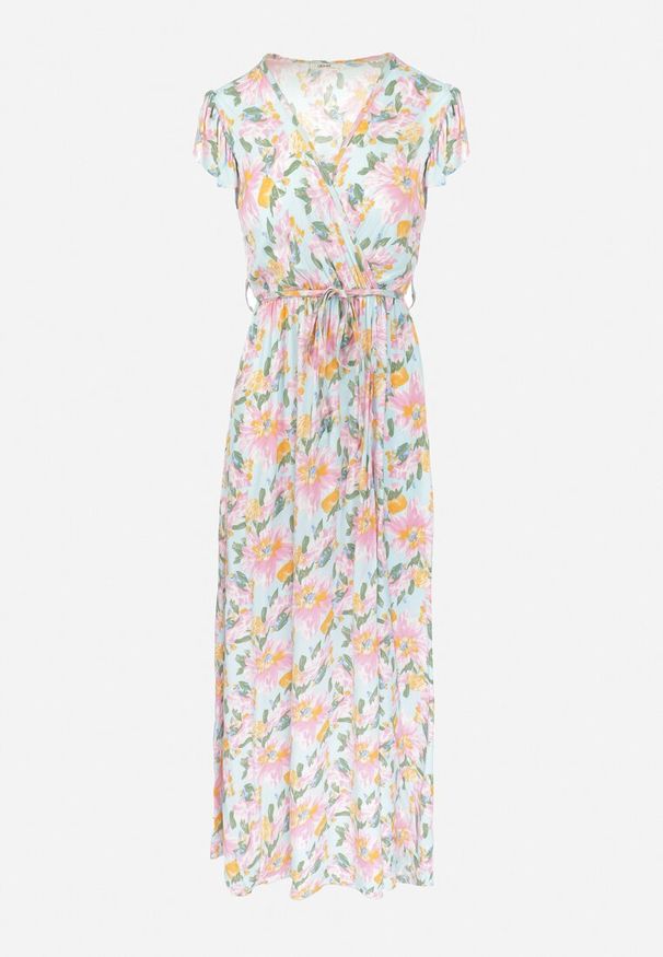 Born2be - Jasnoniebieska Sukienka Kopertowa z Gumką w Pasie w Kwiaty Pive. Typ kołnierza: kołnierz z falbankami. Kolor: niebieski. Materiał: wiskoza, materiał, tkanina. Wzór: kwiaty. Typ sukienki: kopertowe. Długość: maxi