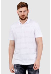 Armani Exchange - ARMANI EXCHANGE Biała męska koszulka polo w logo. Typ kołnierza: polo. Kolor: biały. Wzór: ażurowy