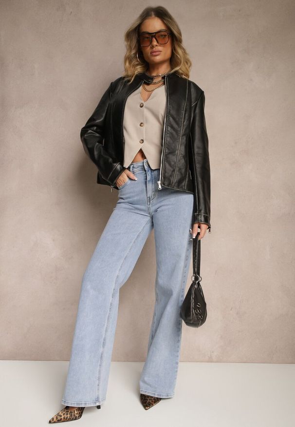 Renee - Czarna Kurtka Ramoneska z Ozdobnymi Przeszyciami Idivona. Okazja: na imprezę, na co dzień. Kolor: czarny. Materiał: jeans. Styl: casual