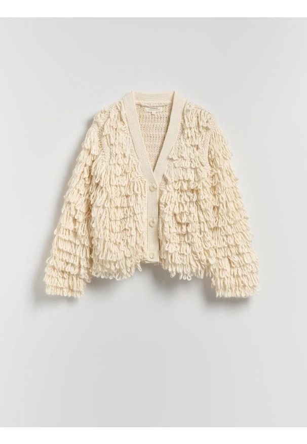 Reserved - Kardigan ze strukturalnym splotem - złamana biel. Materiał: bawełna, dzianina. Wzór: ze splotem