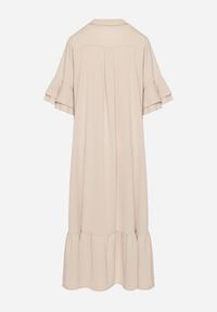 Born2be - Beżowa Sukienka Koszulowa z Ozdobną Falbanką Daviravie. Okazja: na co dzień. Kolor: beżowy. Typ sukienki: koszulowe. Styl: klasyczny, casual, elegancki #3