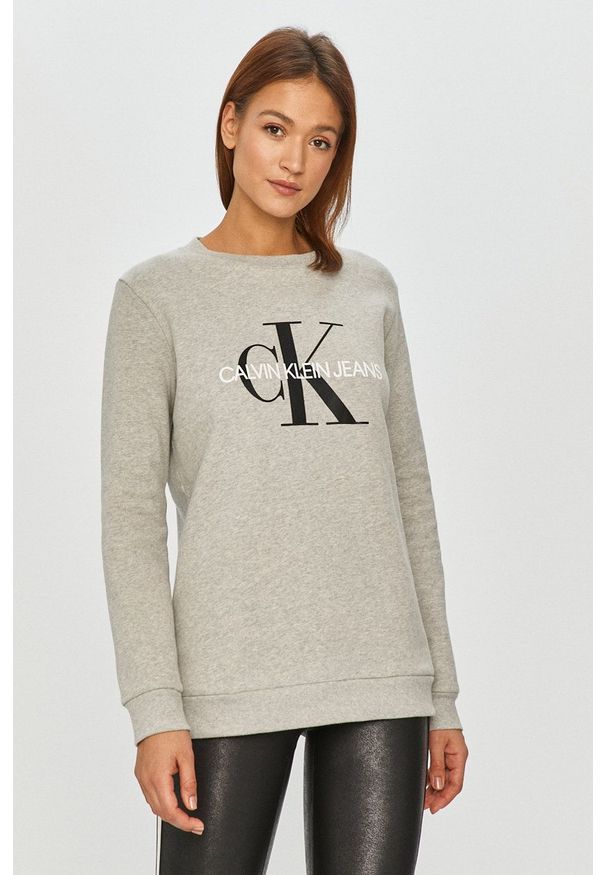 Calvin Klein Jeans - Bluza bawełniana. Kolor: szary. Materiał: bawełna. Długość rękawa: długi rękaw. Długość: długie. Wzór: nadruk