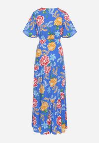 Born2be - Niebieska Sukienka Maxi z Gumką w Talii z Szerokimi Rękawami i Kwiatowym Printem Nodriala. Okazja: na imprezę. Kolor: niebieski. Wzór: nadruk, kwiaty. Sezon: lato. Długość: maxi #7