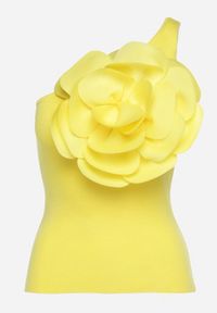 Born2be - Żółty Top bez Rękawów z Asymetrycznym Dekoltem z Dużą Aplikacją w Kształcie Kwiatka Vernia. Kolor: żółty. Materiał: jeans. Długość rękawa: bez rękawów. Wzór: aplikacja, kwiaty. Styl: klasyczny #3
