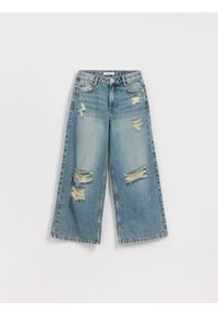 Reserved - Jeansy super wide leg z przetarciami - indigo jeans
