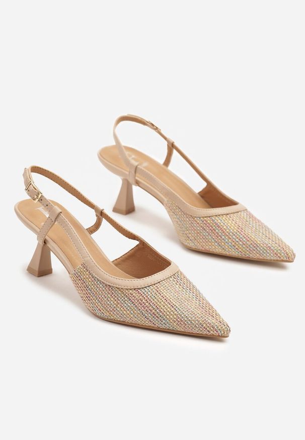 Born2be - Beżowe Tweedowe Sandały Slingback na Obcasie Typu Kaczuszka Fallotia. Okazja: na co dzień. Nosek buta: szpiczasty. Zapięcie: pasek. Kolor: beżowy. Materiał: jeans. Obcas: na obcasie. Styl: wizytowy, klasyczny, elegancki, casual. Wysokość obcasa: średni