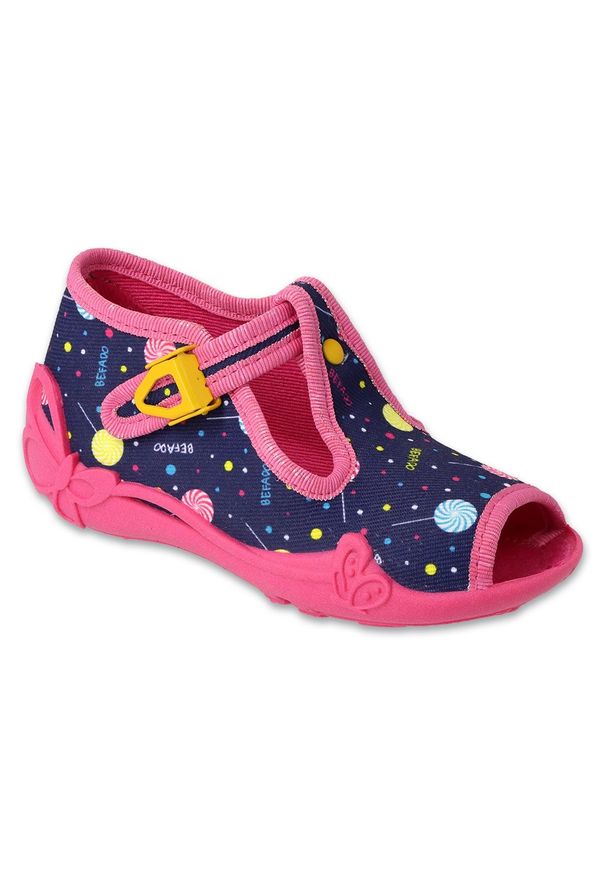 Befado obuwie dziecięce 213P138 granatowe różowe. Nosek buta: otwarty. Kolor: różowy, niebieski, wielokolorowy. Materiał: tkanina, bawełna