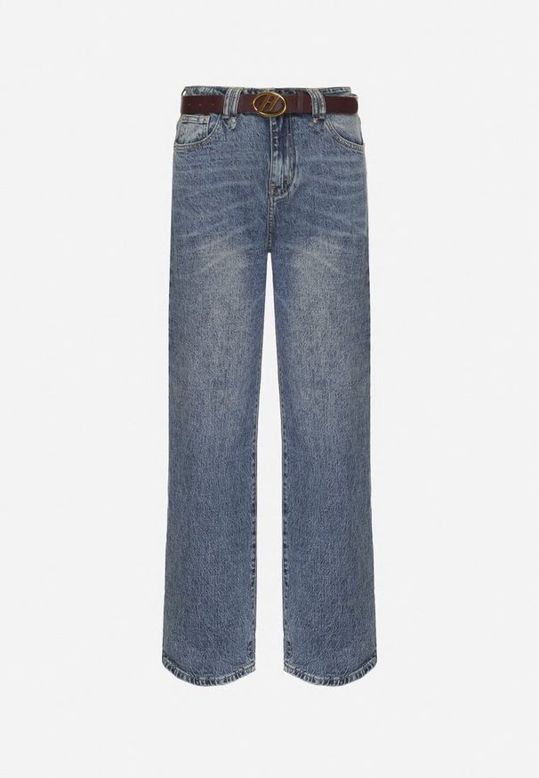 Born2be - Niebieskie Bawełniane Jeansy z Szerokimi Nogawkami i Dodatkowym Paskiem Attecia. Okazja: na co dzień. Stan: podwyższony. Kolor: niebieski. Styl: retro, elegancki, casual