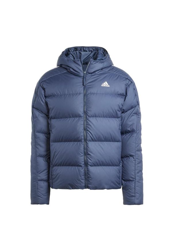 Adidas - Kurtka puchowa Essentials Midweight Hooded. Kolor: niebieski. Materiał: poliester, puch. Sport: turystyka piesza