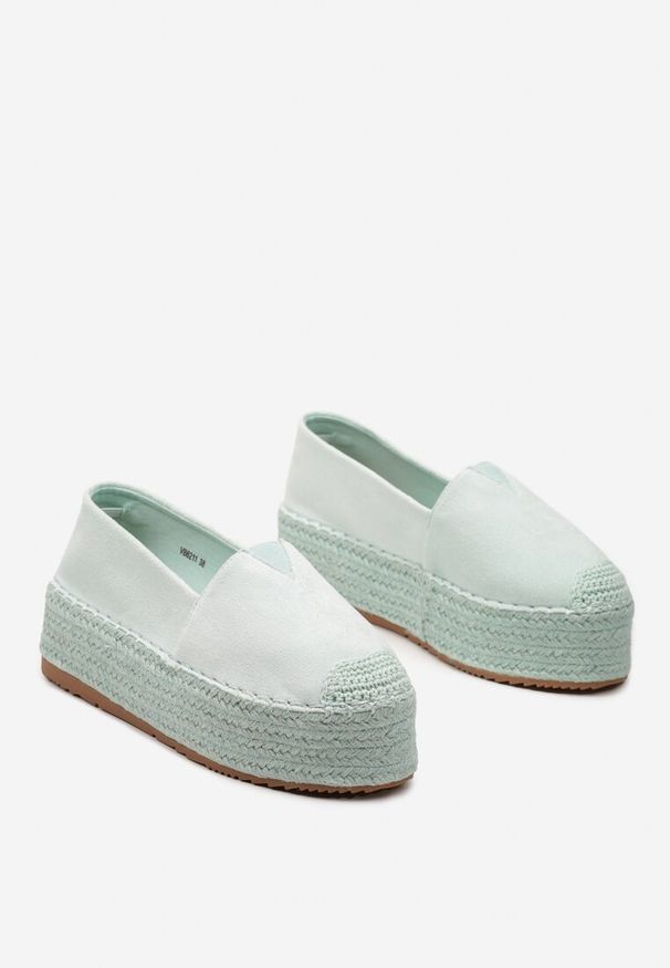 Renee - Jasnozielone Espadryle Ozdobione Plecionką na Nosku i Grubej Podeszwie Nareria. Kolor: zielony. Wzór: aplikacja. Sezon: lato. Styl: elegancki