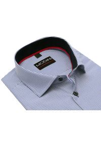 Modini - Biało-niebieska koszula męska w prążki Y57. Kolor: niebieski, biały, wielokolorowy. Materiał: bawełna, tkanina, poliester. Wzór: prążki #1