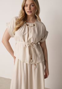 Born2be - Beżowy Komplet Boho z Lnem i Wiskozą Spódnica i Nietoperzowa Bluzka Fysernara. Kolor: beżowy. Materiał: wiskoza, len #2