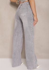 Renee - Jasnoszare Szerokie Jeansy z Bawełny High Waist Ozdobione Cyrkoniami Firlevia. Okazja: na co dzień. Stan: podwyższony. Kolor: szary. Wzór: aplikacja. Styl: casual