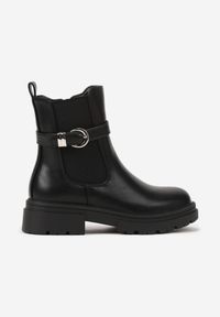 Born2be - Czarne Botki Typu Sztyblety Ozdobione Klamrą Rallavie. Zapięcie: klamry. Kolor: czarny. Materiał: jeans. Wzór: aplikacja. Sezon: zima. Styl: elegancki